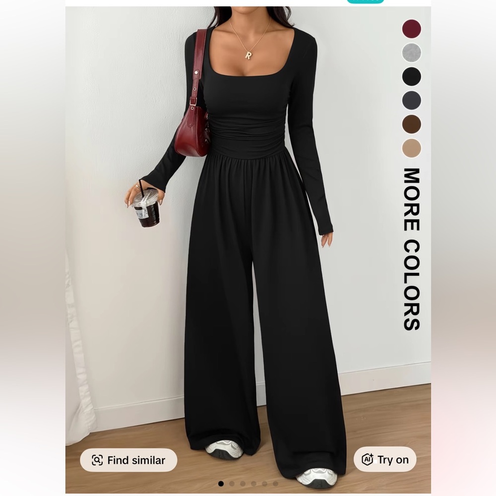 New - Knit long sleeved black Jumpsuit with ruching on torso